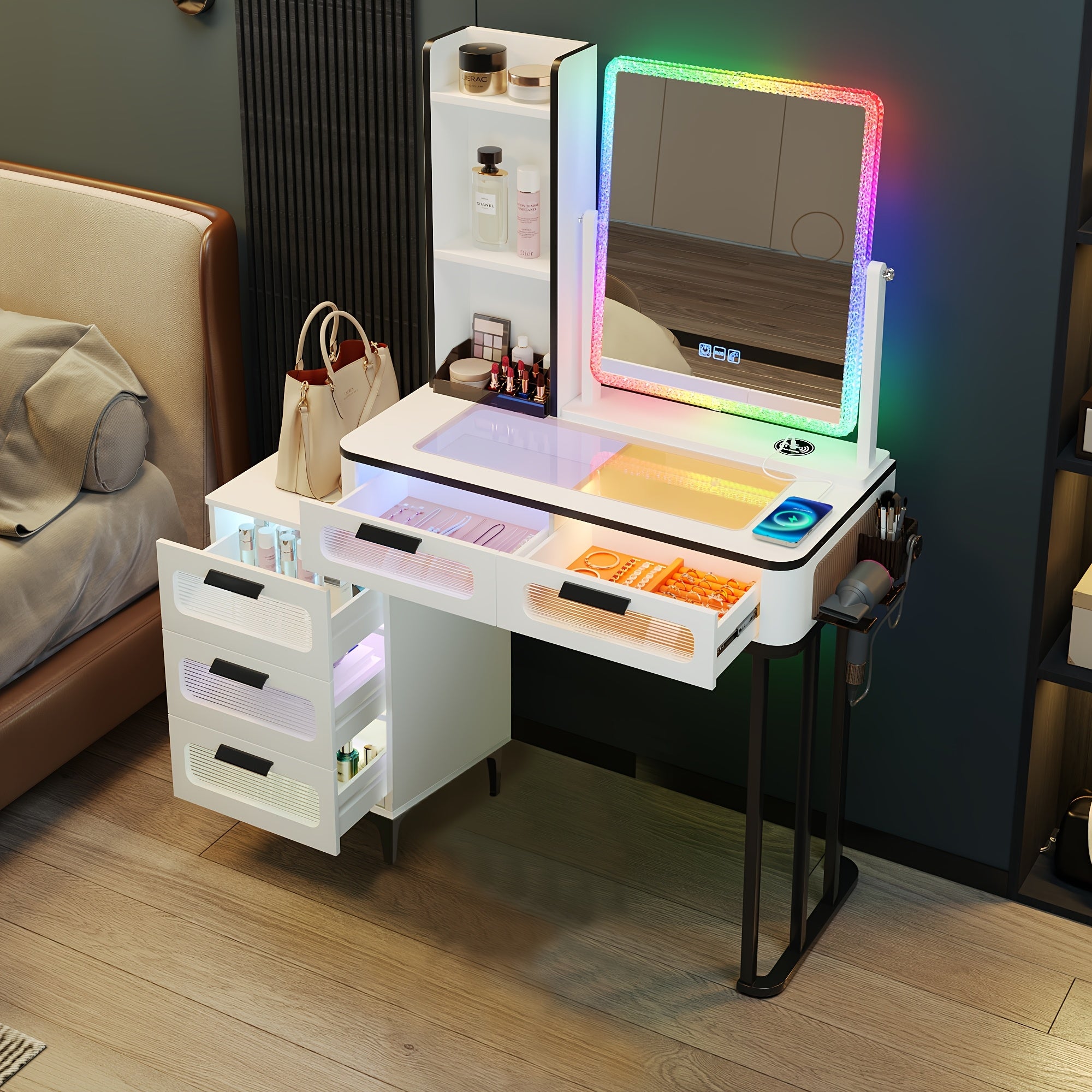 Grey Vanity Desk With Mirror & Lights, Glam Glass Top Makeup Desk With Hidden&Open Storage Shelves