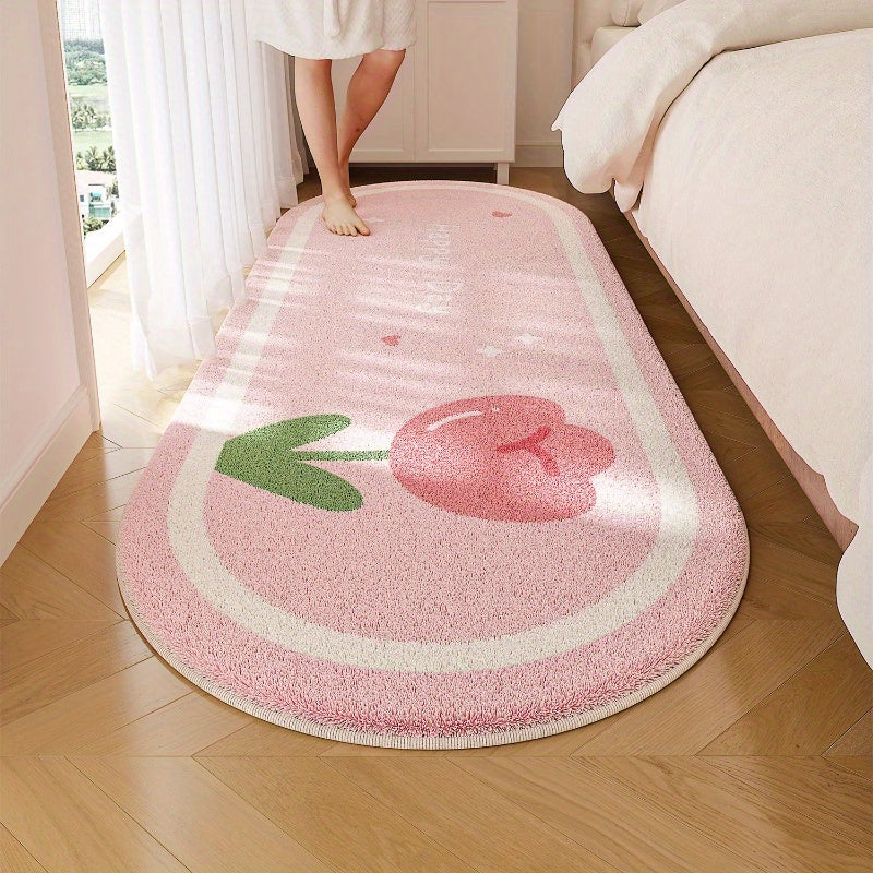 French Cream Style Bedroom Decorative Bedside Mat, 1000g Faux Cashmere + 10mm Thick, Cute Pink Floral Living Room Plush Mat