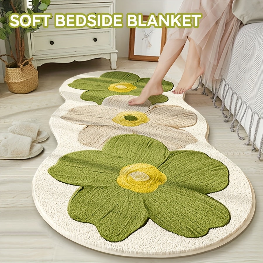 Luxury Soft Plush Mat - 10mm Navy Blue Beige Brown Floral Mat with Non-Slip Backing, Soft Fluffy Mat At The Bedside