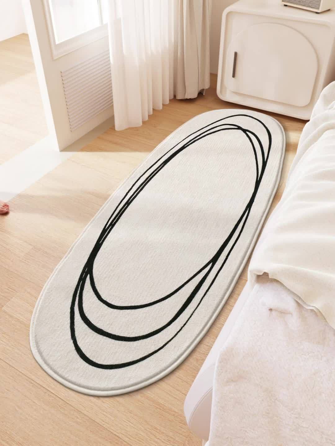 1pc DAJIANG Modern Abstract Oval Area Mat - Soft, Fluffy & Non-Slip Runner Mat with Striped and Solid Color Design for Bedroom