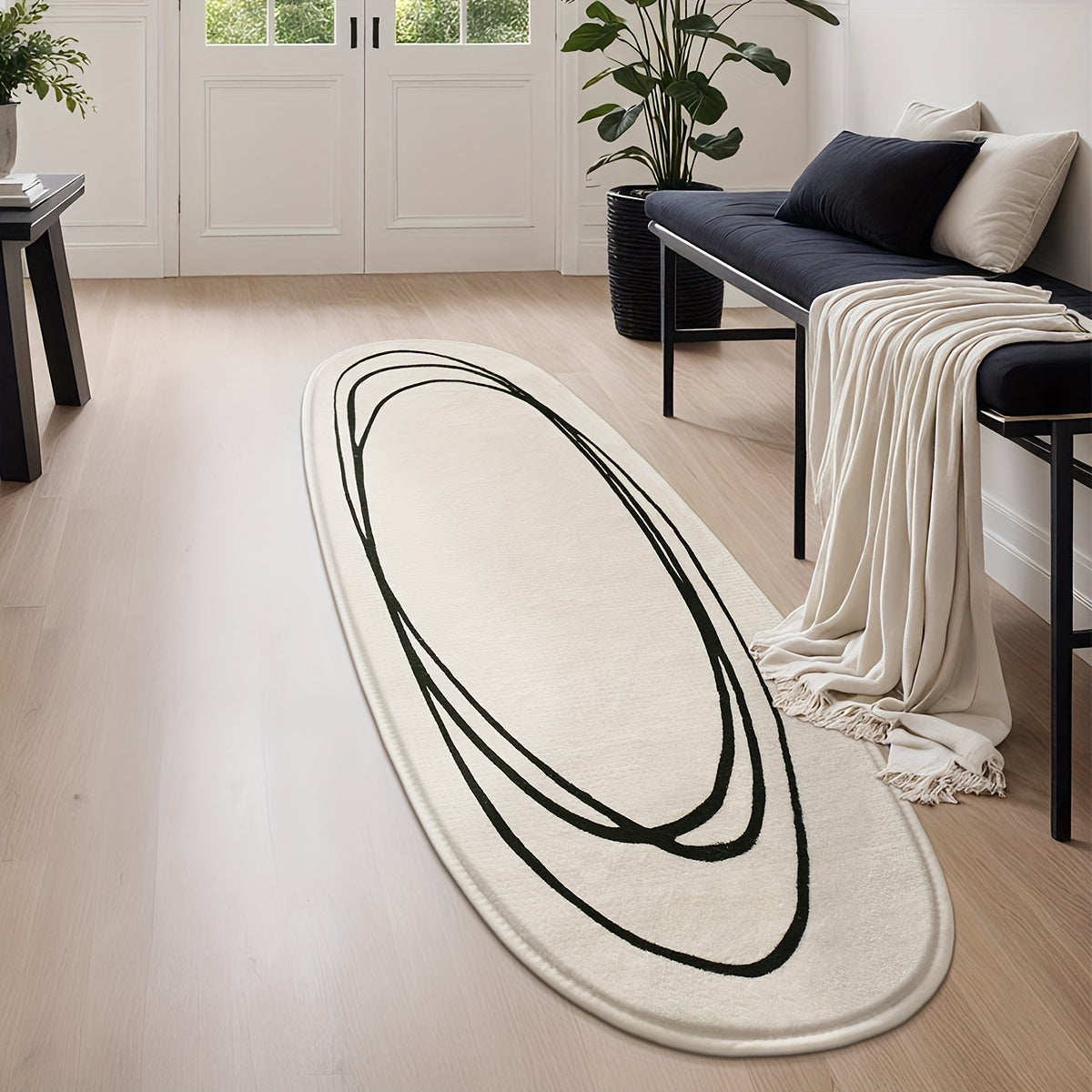 1pc DAJIANG Modern Abstract Oval Area Mat - Soft, Fluffy & Non-Slip Runner Mat with Striped and Solid Color Design for Bedroom