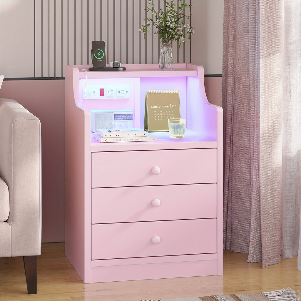 Three Drawer Pink Nightstand with Charging Station