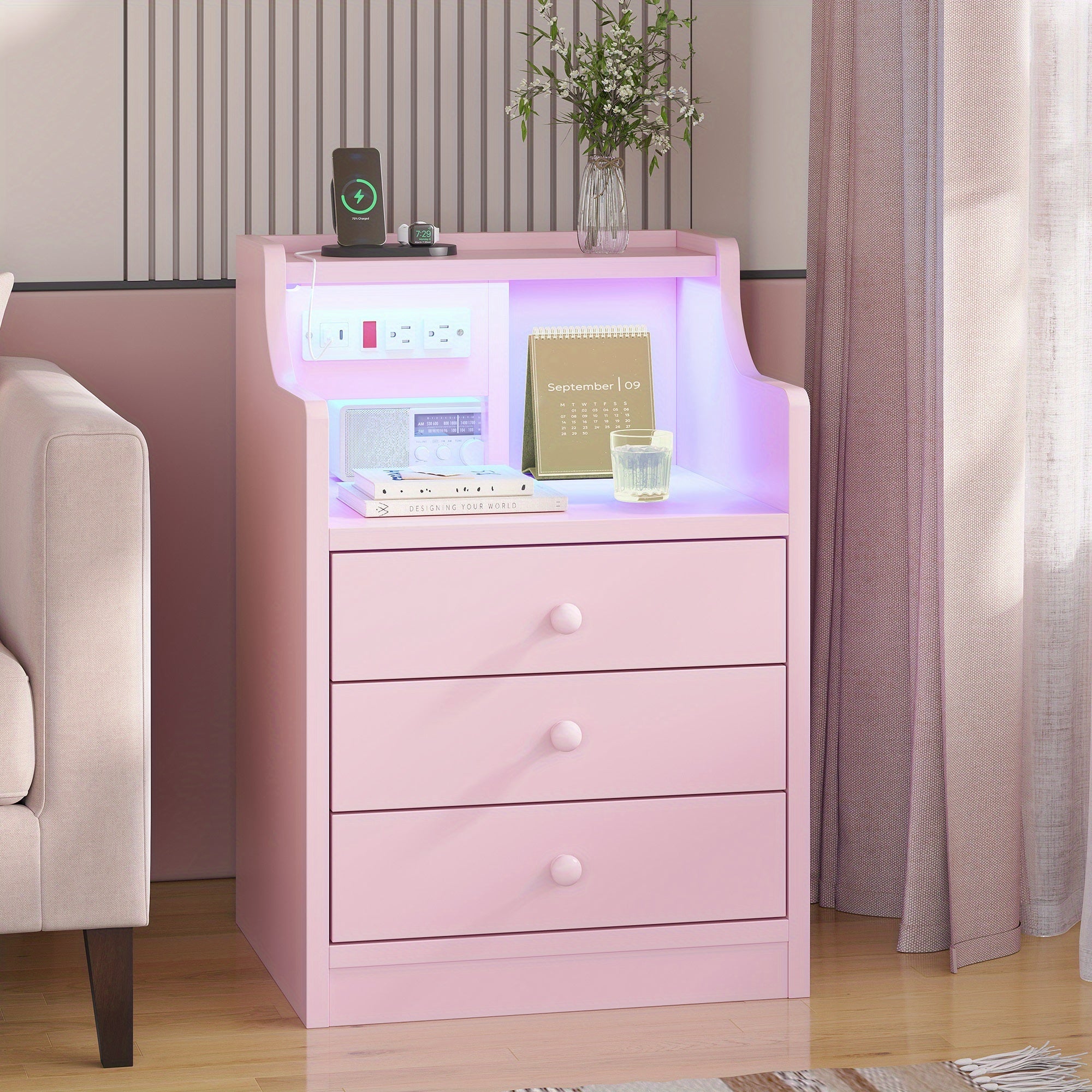 Three Drawer Pink Nightstand with Charging Station