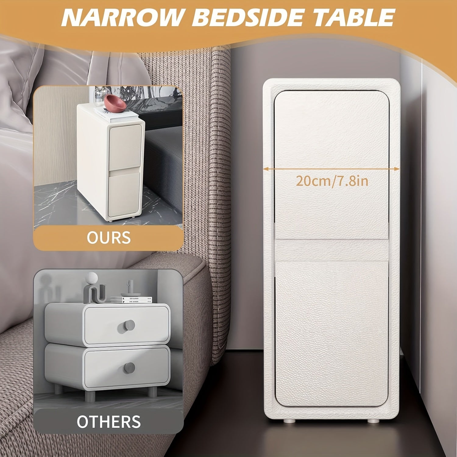 Modern Narrow Faux Leather Nightstand with Solid Wood Drawer - Cream White Bedside Table