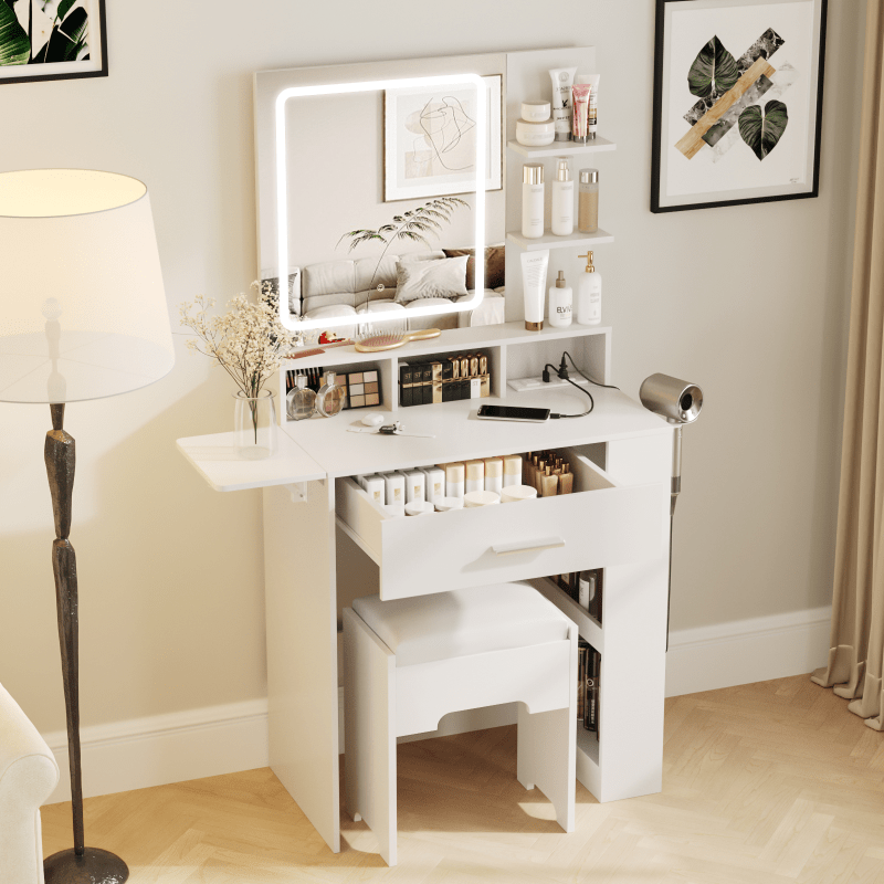 Elegant Hardwood Dressing Table with Mirror, Lighting, and Charging Station for Bedroom Organization