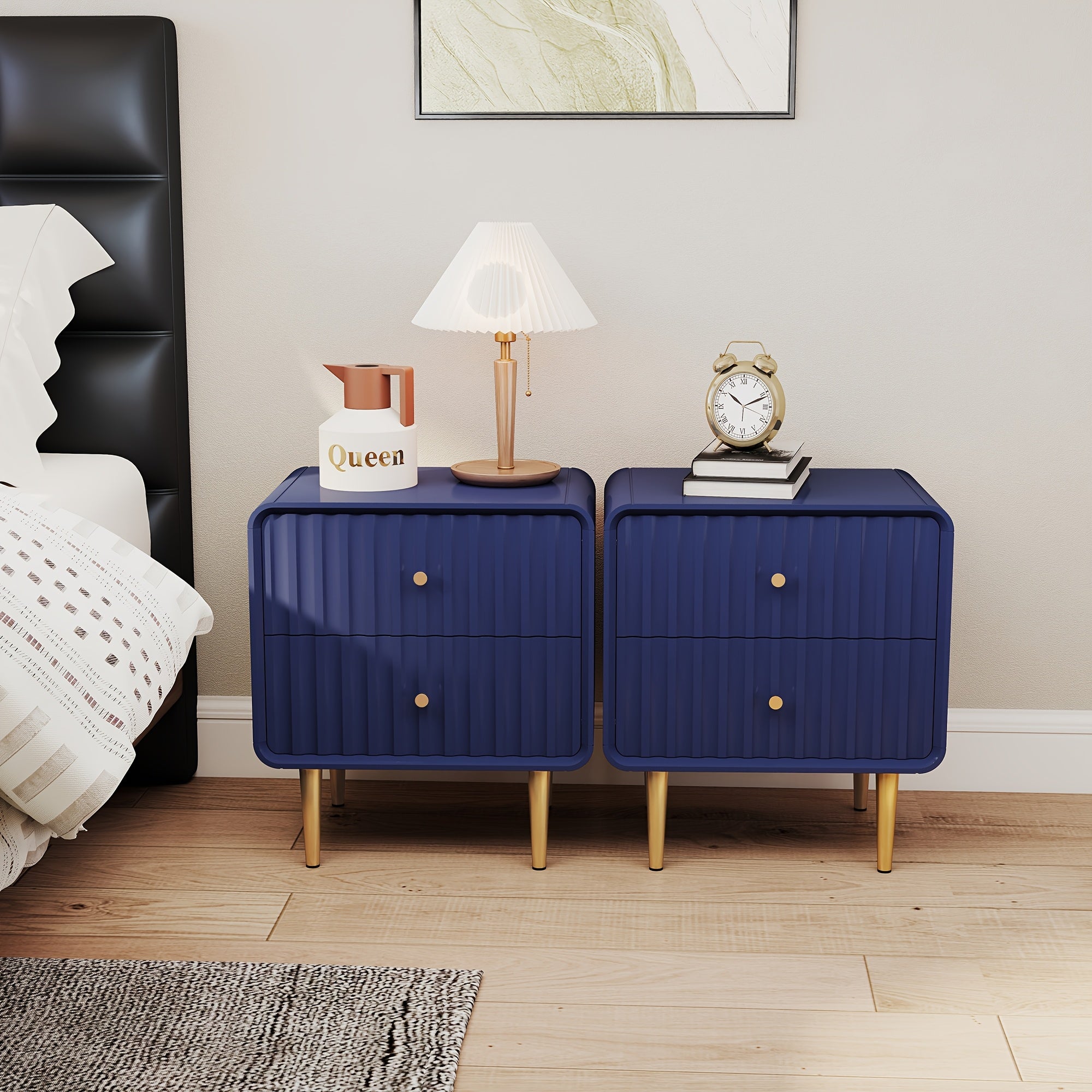 Blue Modern Nightstand, Fluted Bed Side Table With 2 Drawers Storage, Wood End Table With Golden Metal Handle, Night Stands For Bedroom