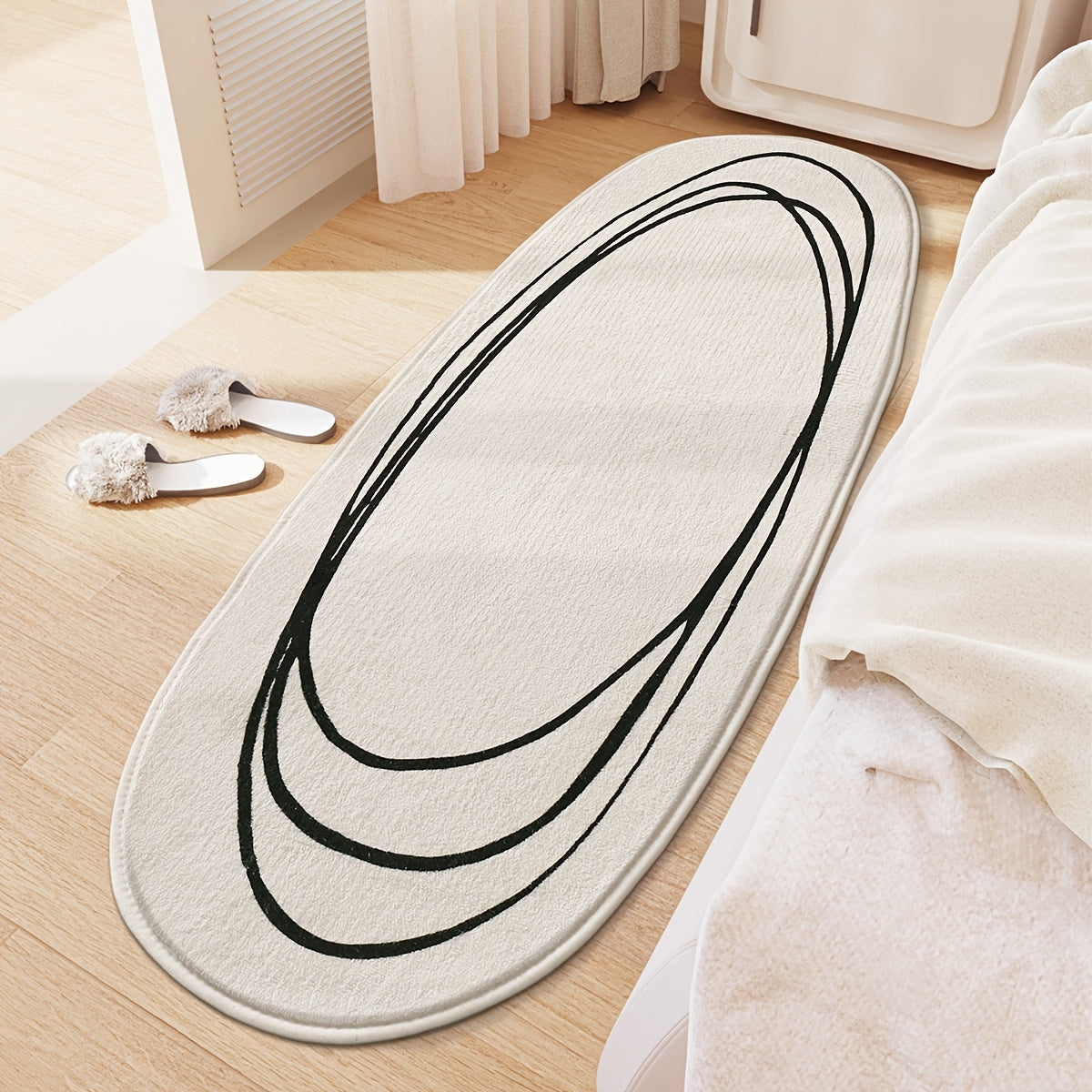 1pc DAJIANG Modern Abstract Oval Area Mat - Soft, Fluffy & Non-Slip Runner Mat with Striped and Solid Color Design for Bedroom