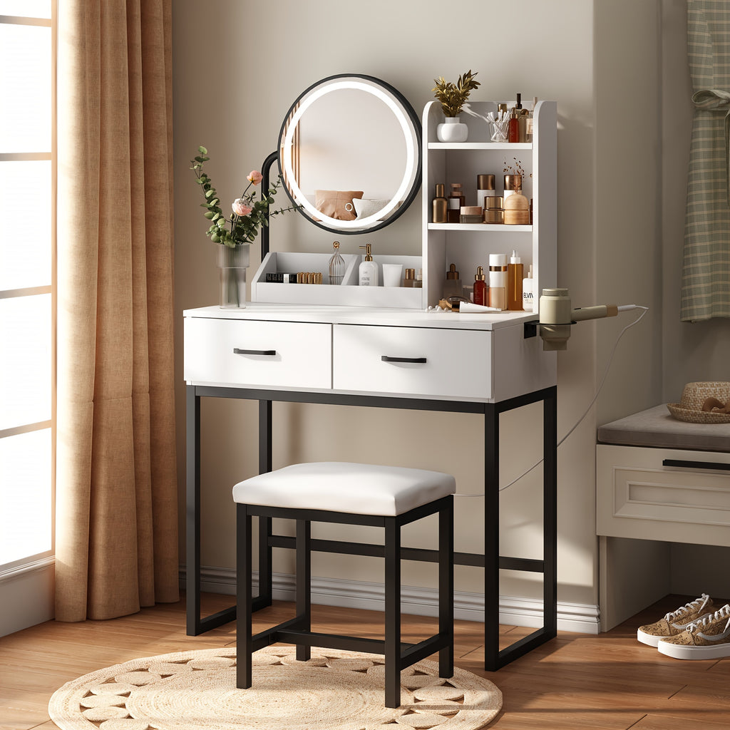Vanity Desk with Mirror And Lights, Makeup Vanity Table Set with Storage Stool & Charging Station