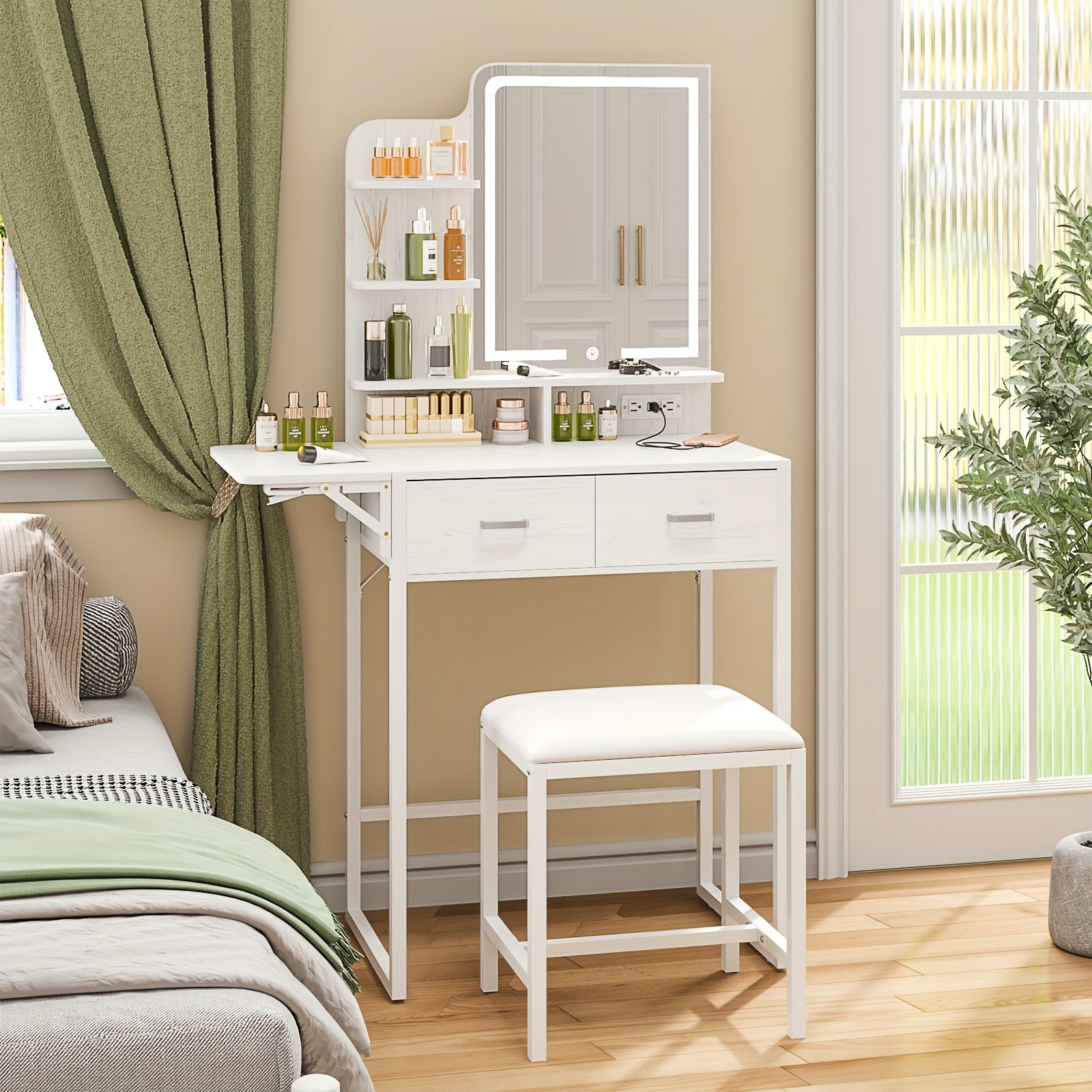 WHONLINE Makeup Vanity Desk with Mirror And Lights, Small Vanity with Fabric Storage Drawer & Chair & Shelves