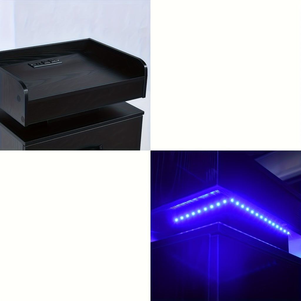 Black Nightstand with Charging Station, Night Stand with LED Lights, Modern LED End Table Nightstand for Bedroom