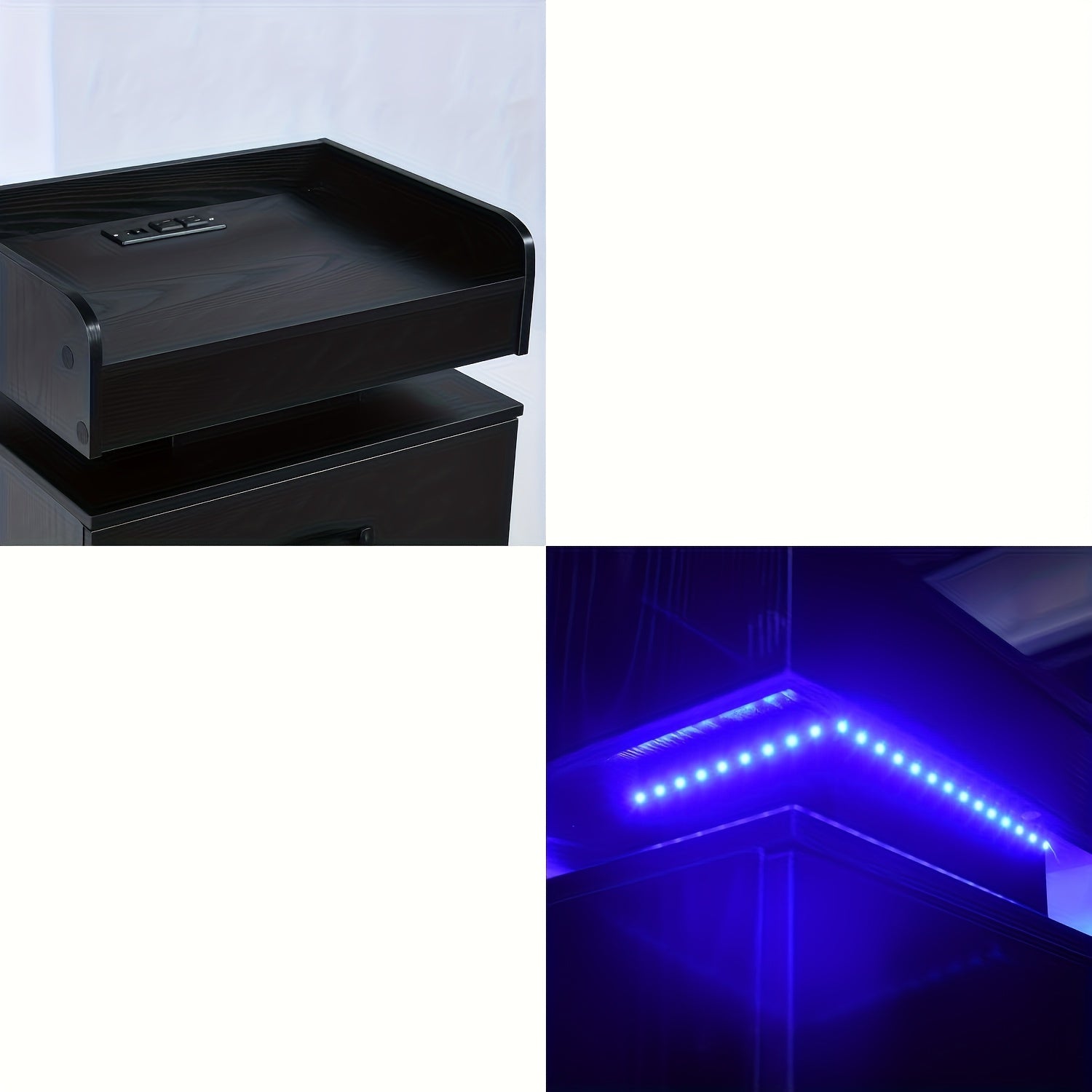 Black Nightstand with Charging Station, Night Stand with LED Lights, Modern LED End Table Nightstand for Bedroom