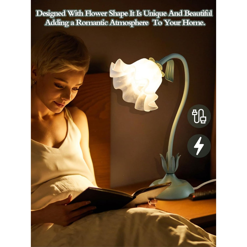 Vintage Modern Flower Table Lamp with LED Bedside Light - 3 Lighting Modes, Green Base & Soft Shade