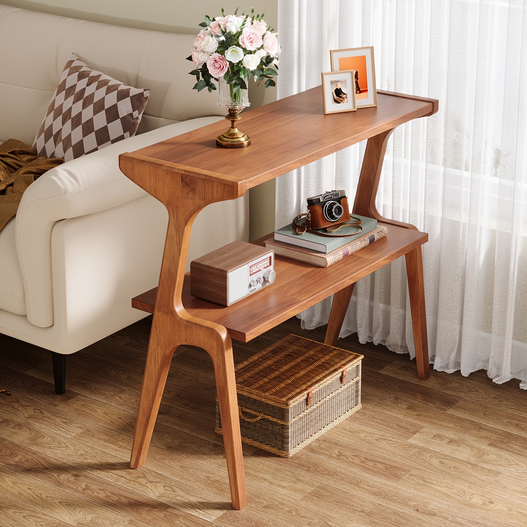 Modern Farmhouse End Table Modern Farmhouse 2-Tier End Table with Wood Legs and Storage Shelf - Narrow Long Bedside Table for Bedroom
