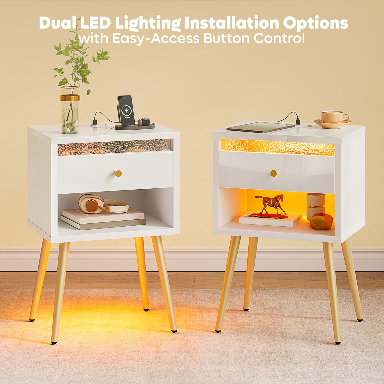 Pinmoco Set of 2 Nightstands with USB Charging Ports, Modern High Gloss Night Stand with LED Lights