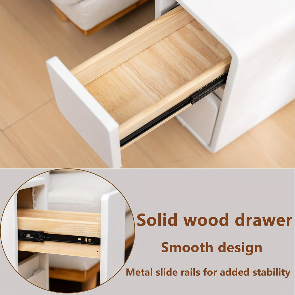 Modern Narrow Faux Leather Nightstand with Solid Wood Drawer - Cream White Bedside Table