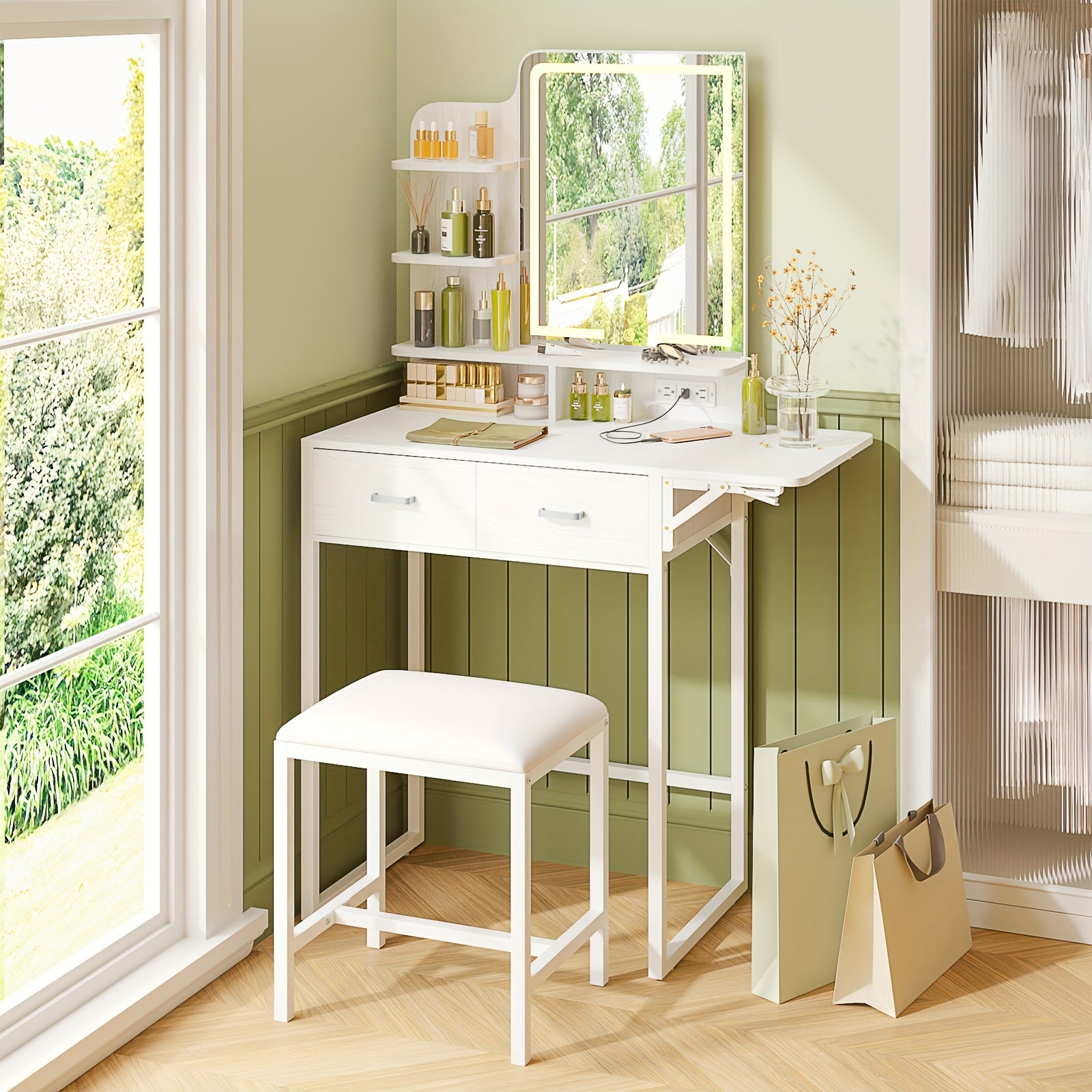 WHONLINE Makeup Vanity Desk with Mirror And Lights, Small Vanity with Fabric Storage Drawer & Chair & Shelves