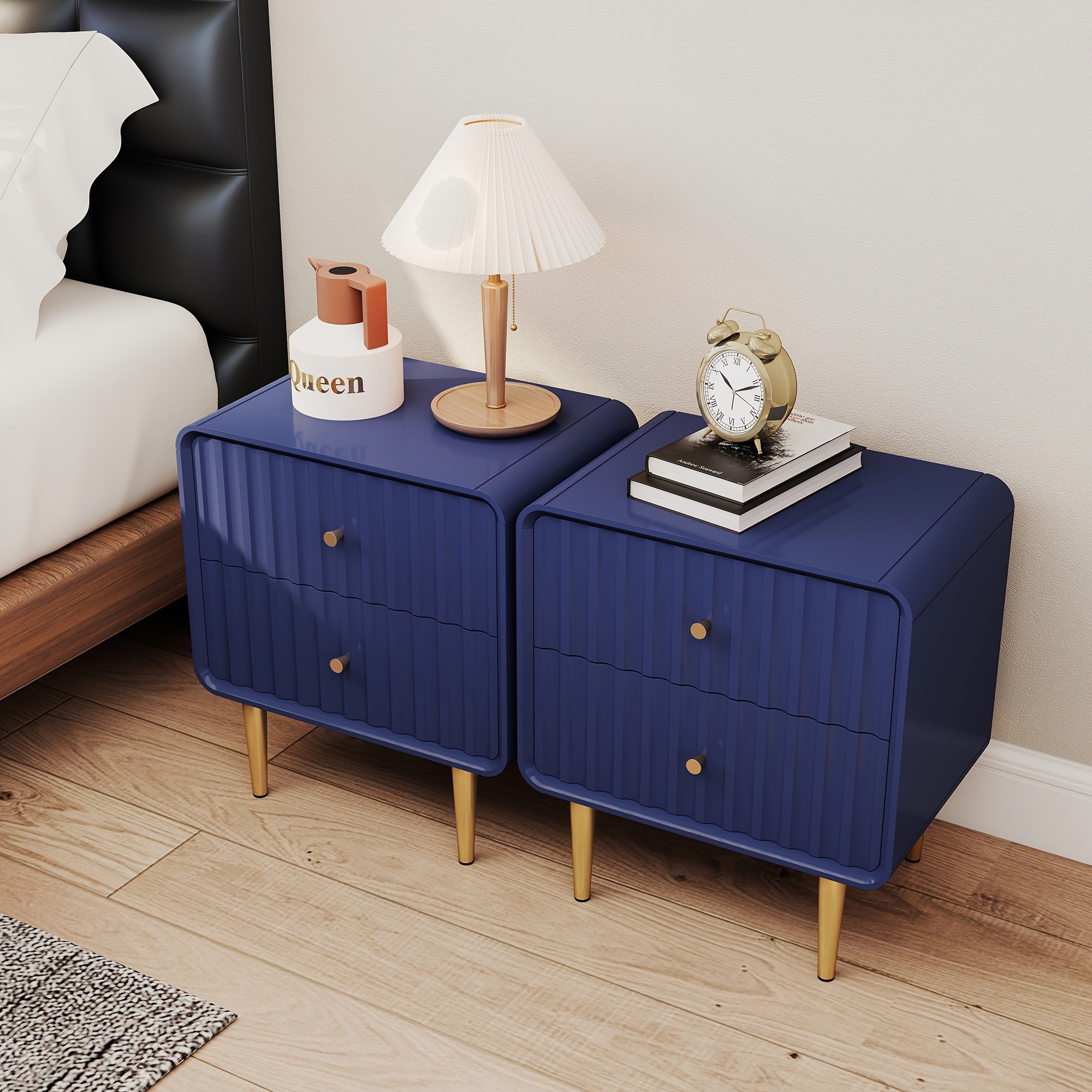 Blue Modern Nightstand, Fluted Bed Side Table With 2 Drawers Storage, Wood End Table With Golden Metal Handle, Night Stands For Bedroom