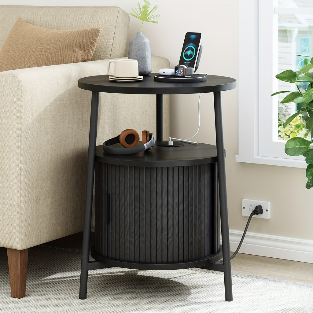 Walnut-like Finish Mid-Century Modern Round Side Table with Charging Station - Bedside Table