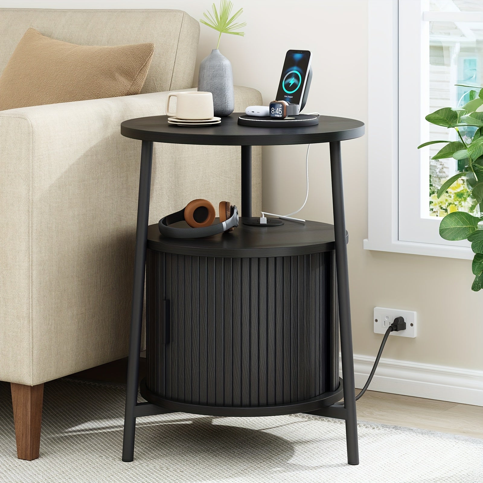 Walnut-like Finish Mid-Century Modern Round Side Table with Charging Station - Bedside Table
