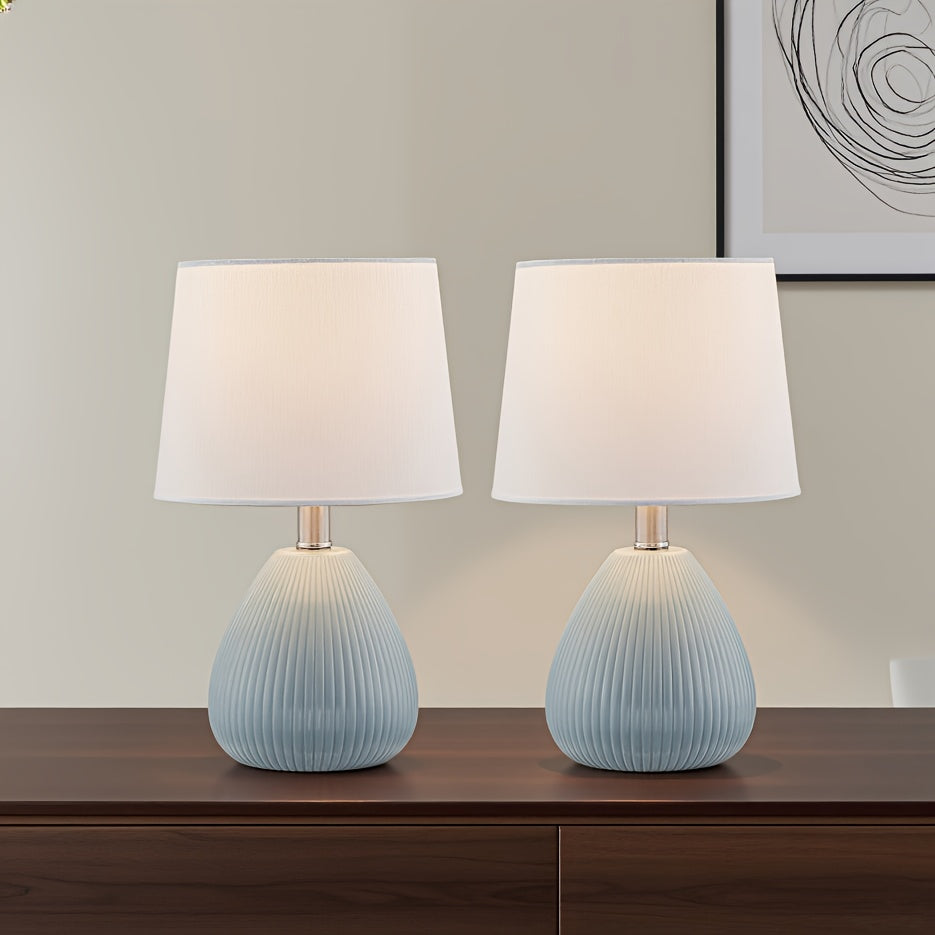 Set of 2 Contemporary Ceramic Table Lamps in Blue, Featuring Vertical Stripes, Each Measuring 15.5 Inches