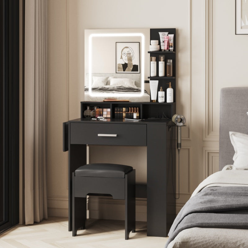 Elegant Hardwood Dressing Table with Mirror, Lighting, and Charging Station for Bedroom Organization
