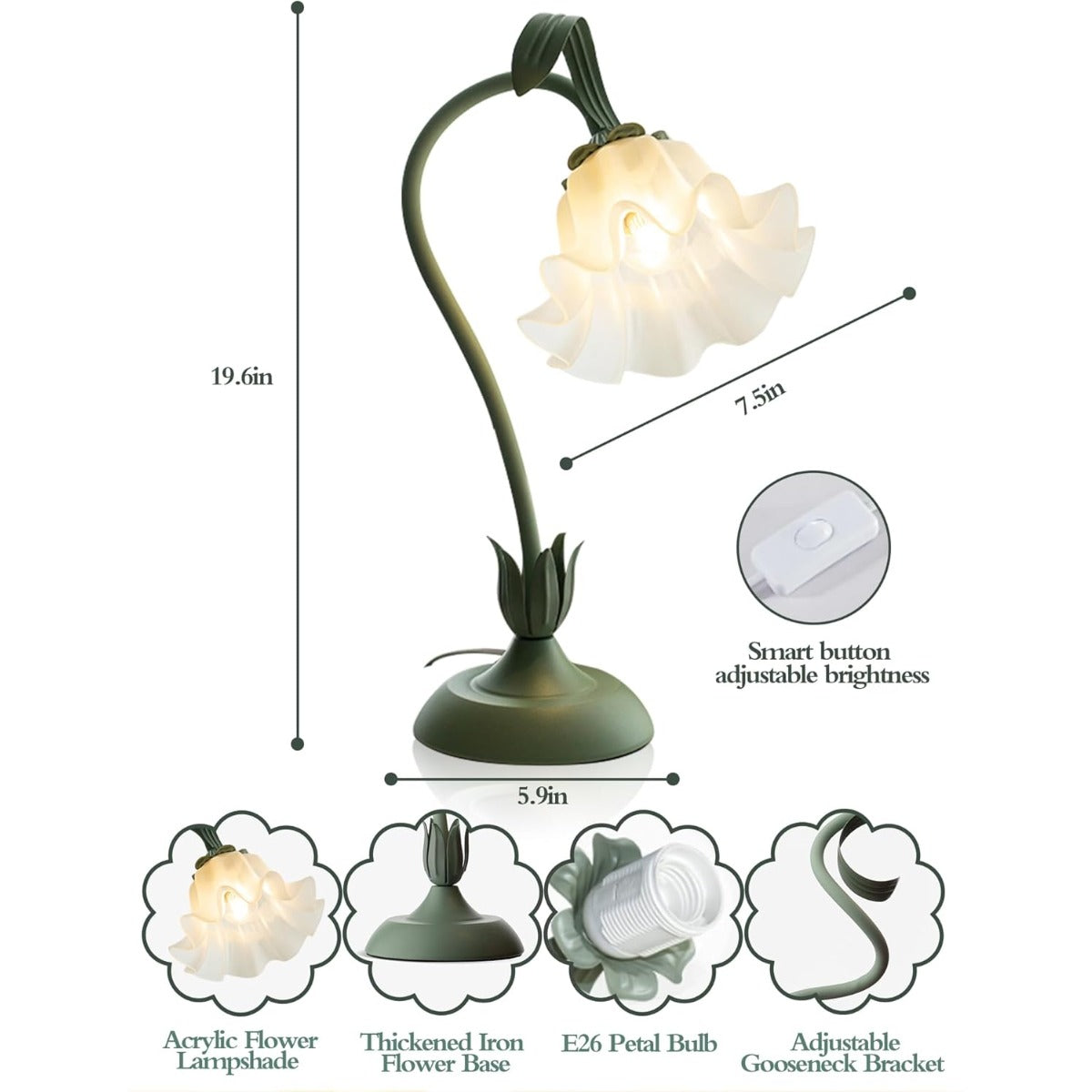 Vintage Modern Flower Table Lamp with LED Bedside Light - 3 Lighting Modes, Green Base & Soft Shade