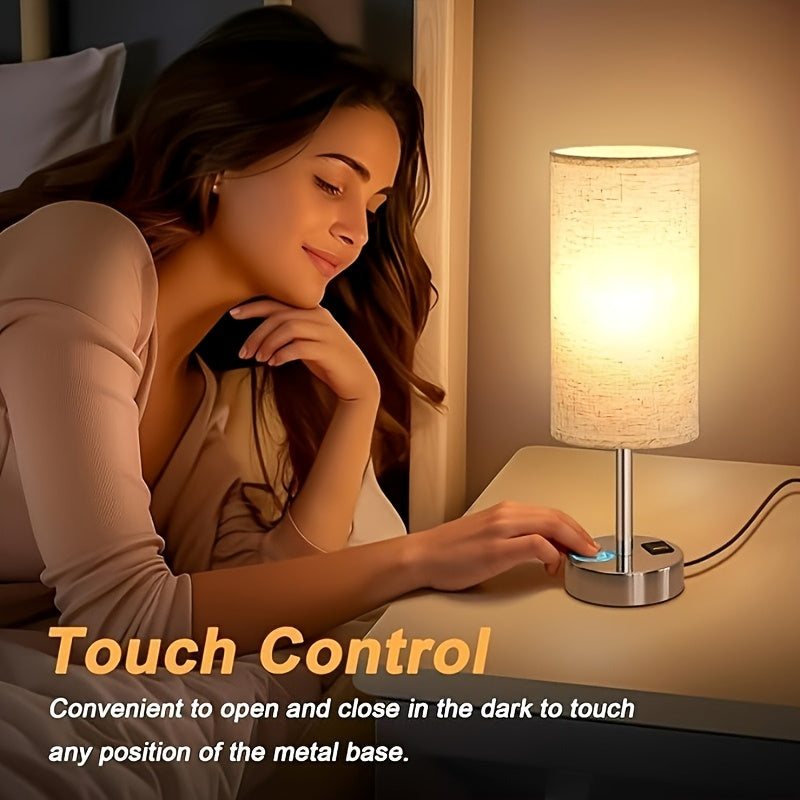 1\u002F2pcs Modern Bedside Table Lamp with Touch Control, 3-Way Dimmable, USB-C Charging Ports & AC Outlet