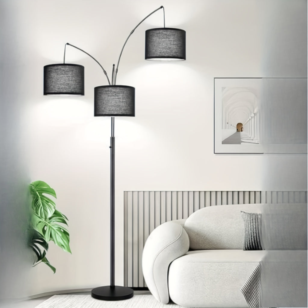 3-Light Modern LED Floor Lamp with Adjustable Arc Arms & Hanging Drum Shades - Black Metal Standing Light