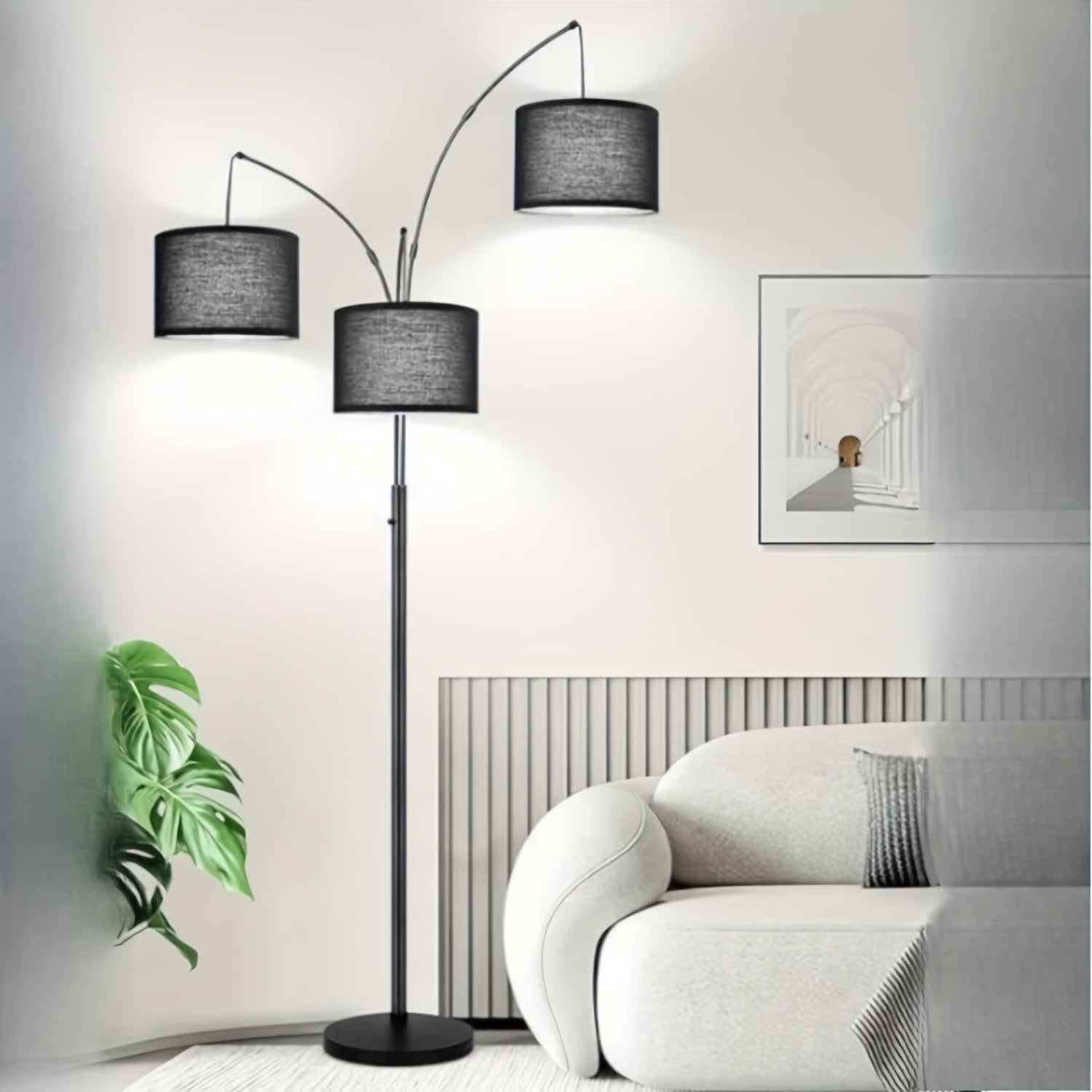 3-Light Modern LED Floor Lamp with Adjustable Arc Arms & Hanging Drum Shades - Black Metal Standing Light
