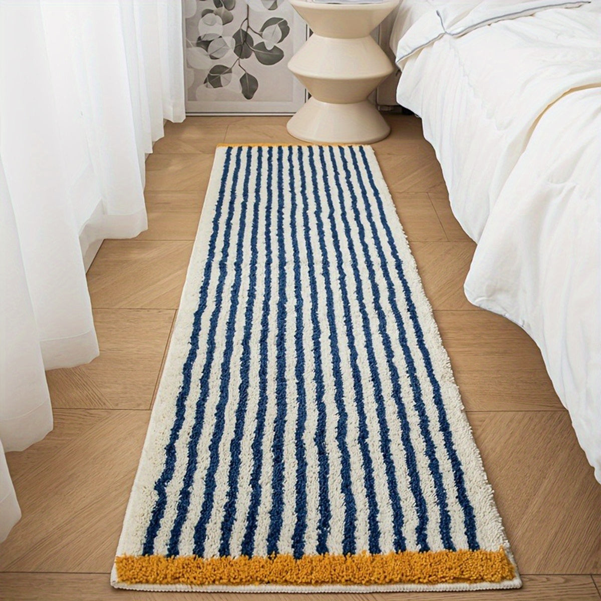 Plush Mat Soft Plush 10mm Thick Imitation Cashmere Mat | Blue & Yellow Striped Modern Long Strip Mat for Bedroom