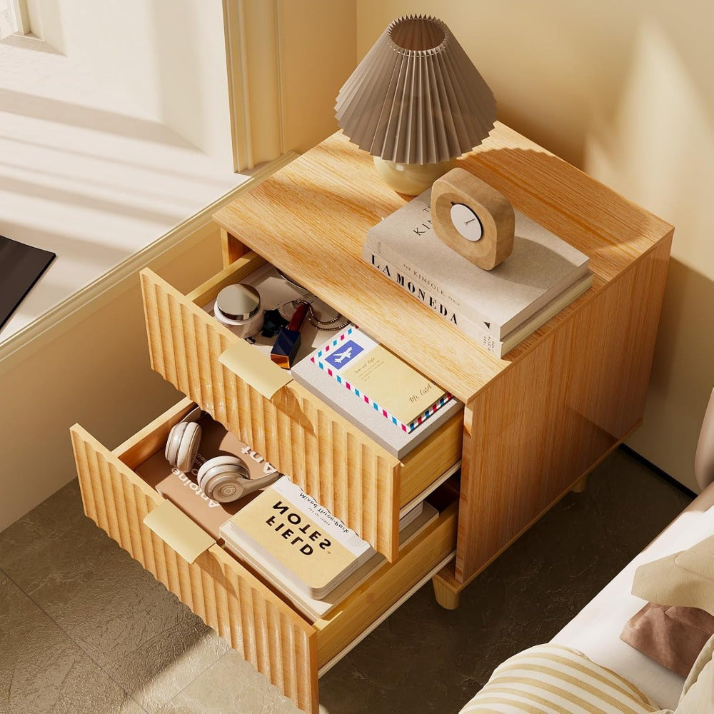 Urban Deco Fluted Nightstands Set 2, Mid Century Modern Nightstand, Wooden End Table with 2 Fluted Drawers & Storage for Bedroom